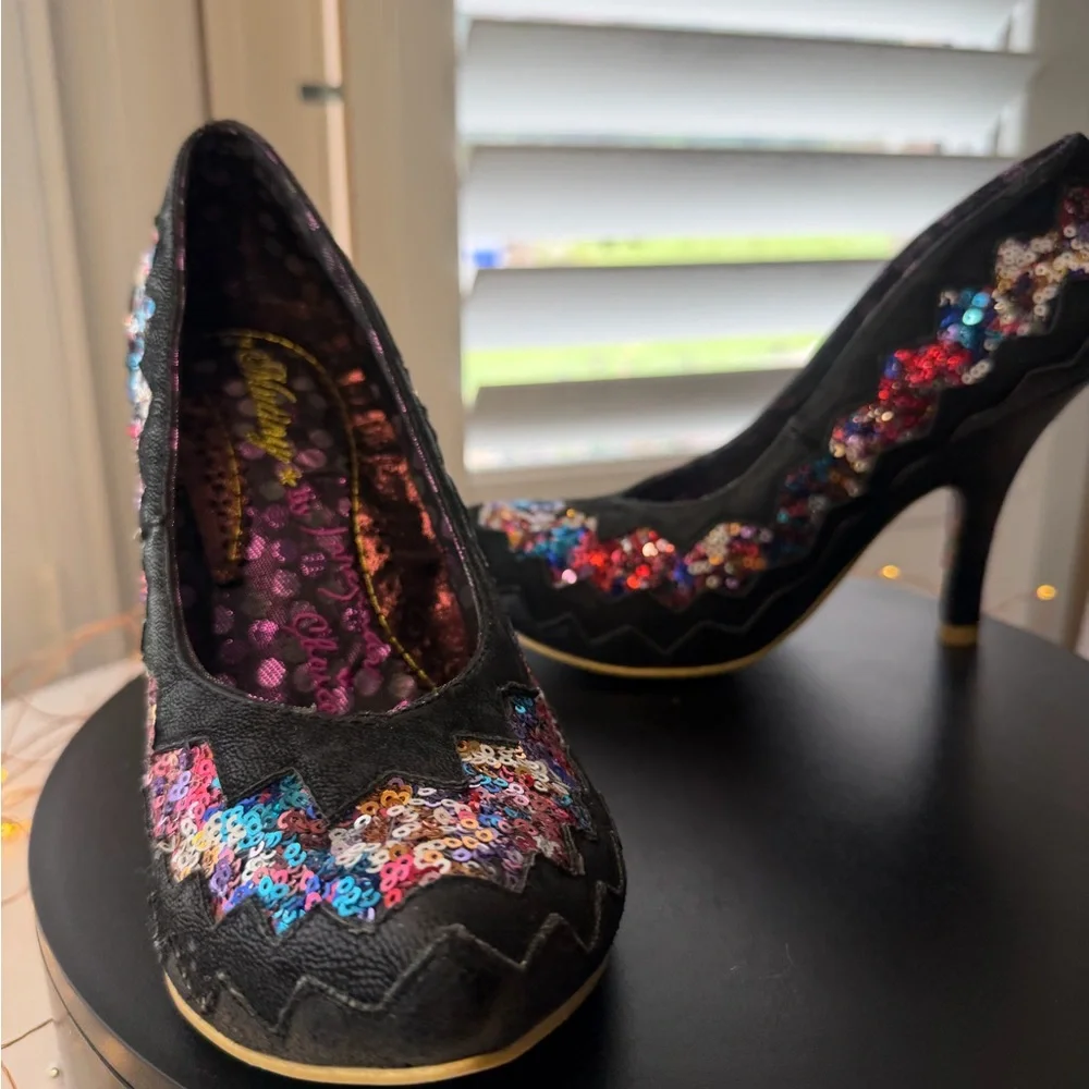 Poetic License by Irregular Choice Women's Black Sequin Zigzag High Heels, 39/8 - Picture 4 of 14